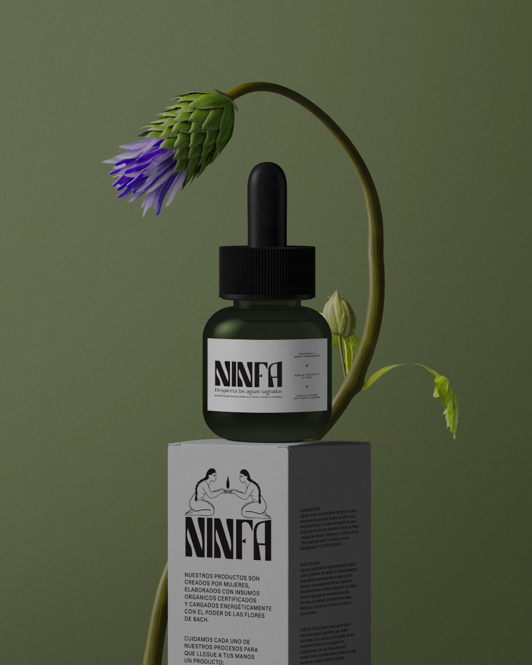 Frasco gotario NINFA sobre caja de cartón con ilustración femenina y flor en escena botánica.