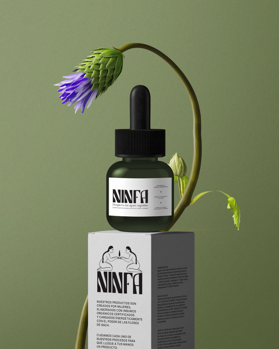 Frasco gotario NINFA sobre caja de cartón con ilustración femenina y flor en escena botánica.