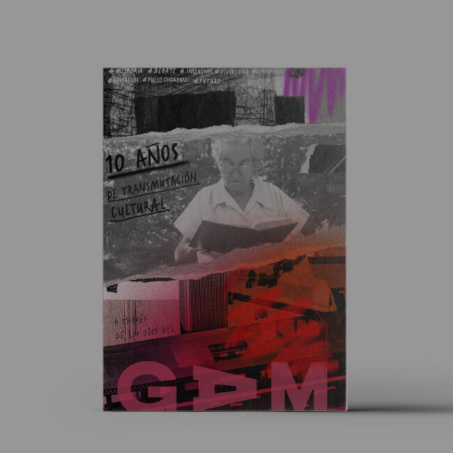 Portada del libro “10 años de transmutación cultural GAM” con collage gráfico y fotografía de una mujer mayor leyendo.