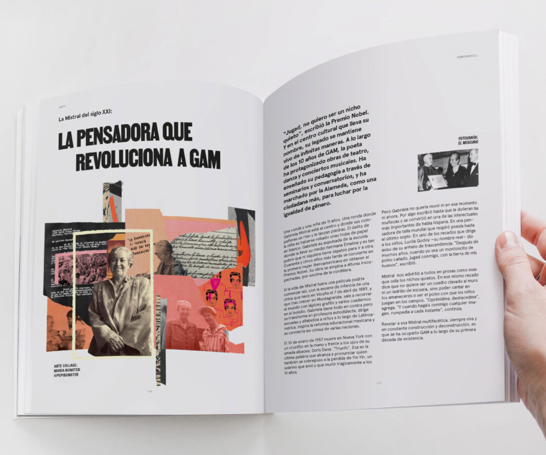 Diseño editorial profesional para publicación cultural GAM. Collage y diagramación original por María Bunster.