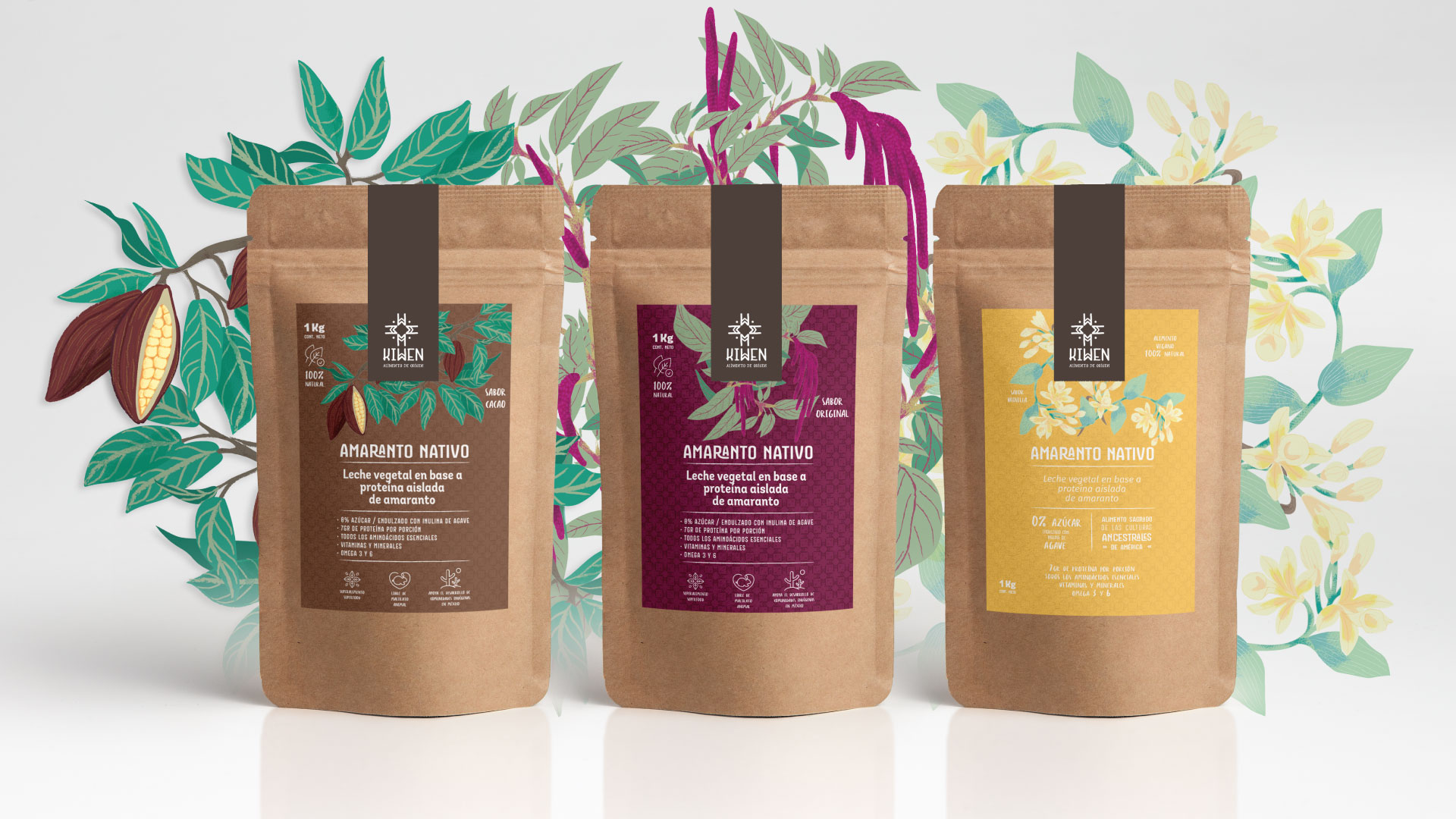 Envases de leche vegetal de amaranto Kiwen con etiquetas de colores y fondo ilustrado con hojas y cacao.