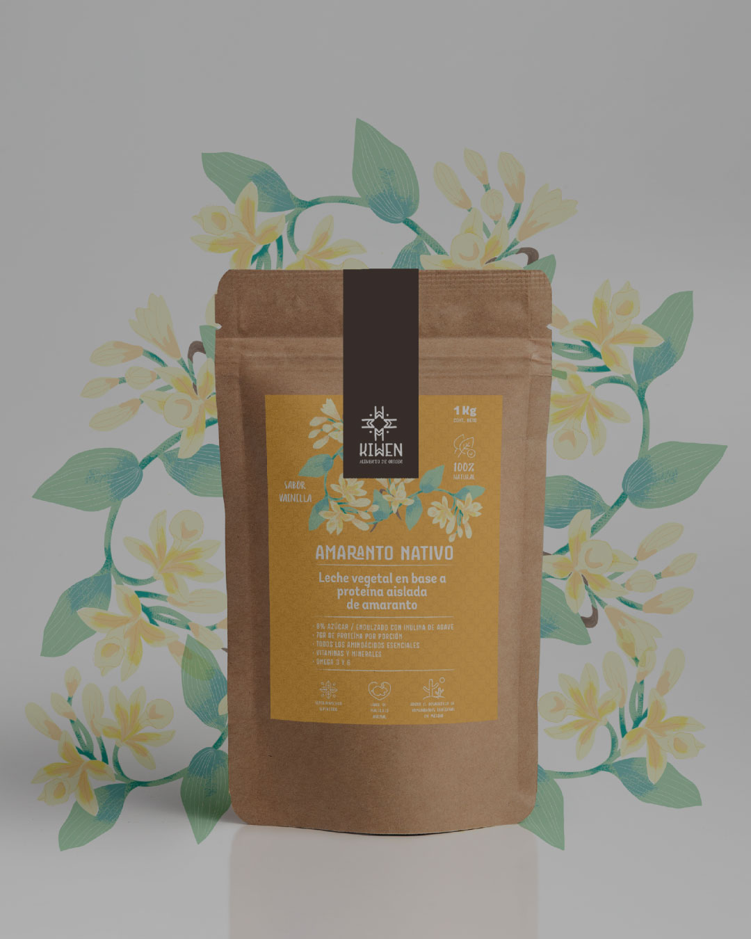 Empaque de leche vegetal KIWEN sabor vainilla con fondo de flores