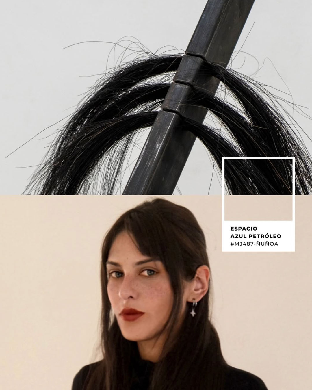 Detalle de escultura con cabello y retrato de una de la Artista.