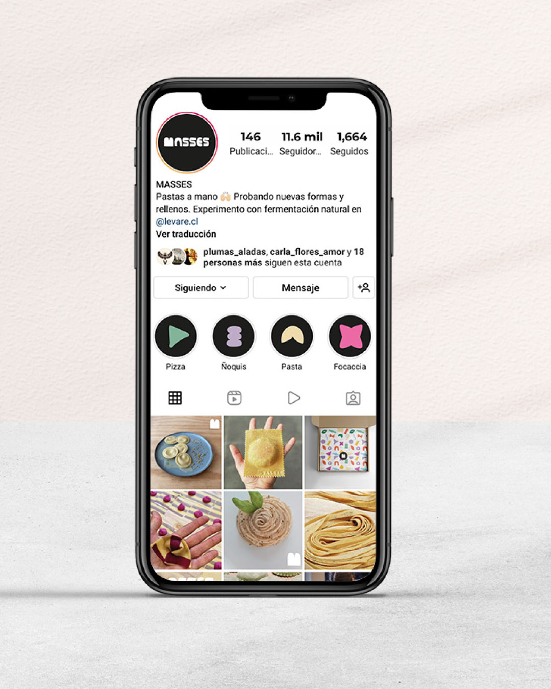 Captura del perfil de Instagram de MASSES mostrando destacadas de contenido y pastas artesanales