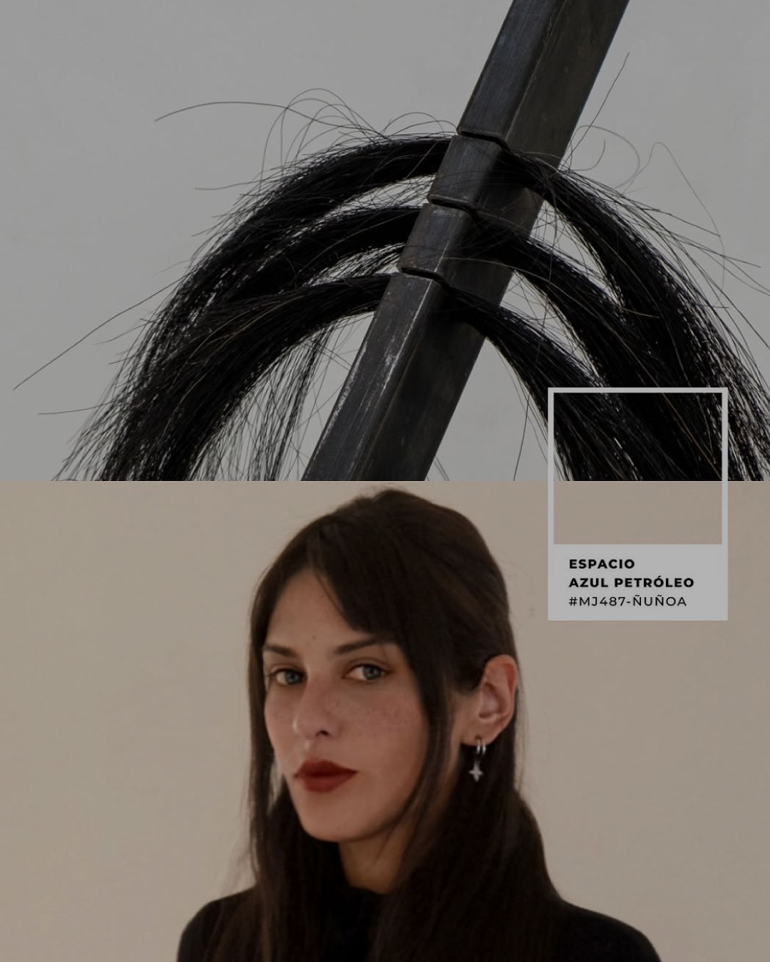 Detalle de escultura con cabello y retrato de una de la Artista.